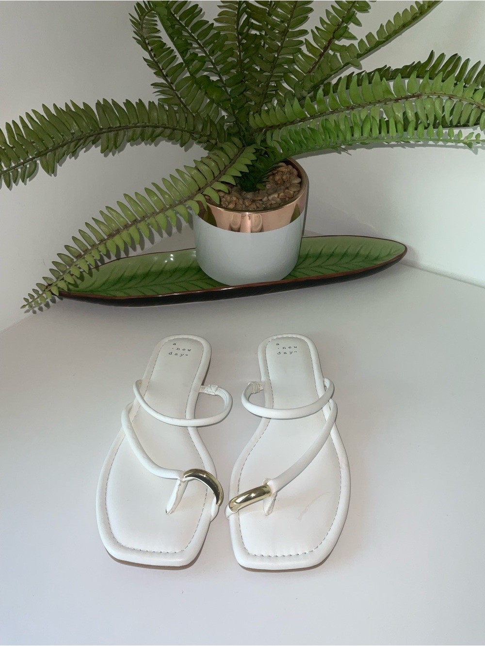 a new day White Square-Toe Toe-Ring Slide Sandals with Gold Accent